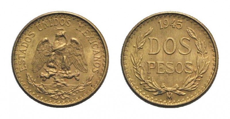 Mexico, AV 2 Pesos 1945, Mexico City (13mm, 1.67g, 6h). KM 461. EF