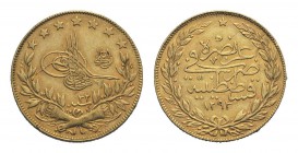Turkey, Abdul Hamid II (1876-1909). AV 100 Piaster AH 1293, year 7 (AD 1881), Istambul (22mm, 7.24g, 12h). KM 730. Good VF