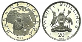 Uganda, AR 20 Shillings 1969 (50mm, 40.33g, 6h). Commemorating the visit of Paolo VI. Mintage 6.070 pcs. KM 11. Proof, near FDC