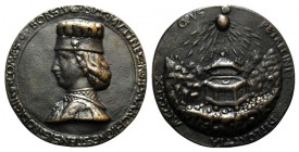 Borso d'Este di Ferrara (1413-1471). Æ Medal (92mm). Petrecino, 1460. BORSIVS DVT MVTINE Z RGII MARCHIO ESTENSIS RODIGII COMES, Bust left. R/ OPVS PET...
