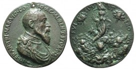 Italy, Gianfrancesco Trivulzio (1518-1573). Cast medal 1548, opus: Leone Leoni. AE (g 80,4 mm 58,2)., IO FRAN TRI MAR VIG CO MVSO AC VAL REN T STOSA D...