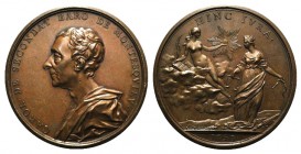 France, Charles de Secondat, Baron de Montesquieu (1689-1755). Æ Medal (59mm), by J. A. Dassier. CAROL DE SECONDAT BRO DE MONTESVIEV, Bust l. R/ HINC ...