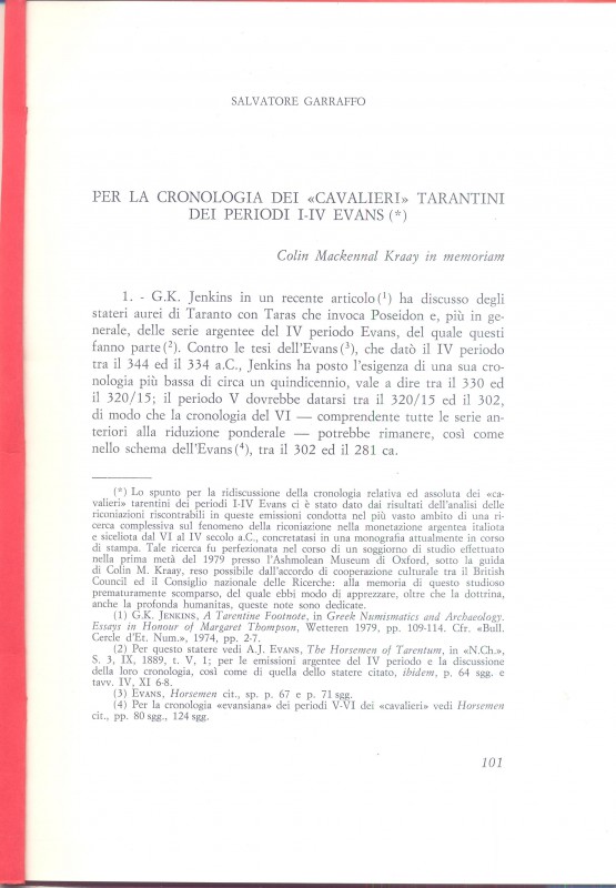 GARRAFFO S. – Per la cronologia dei “ Cavalieri “ tarantini dei periodi I – IV E...