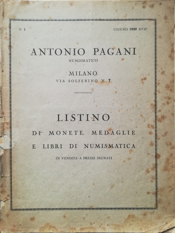 PAGANI A. – Listino di monete, medaglie e libri di numismatica in vendita a prez...