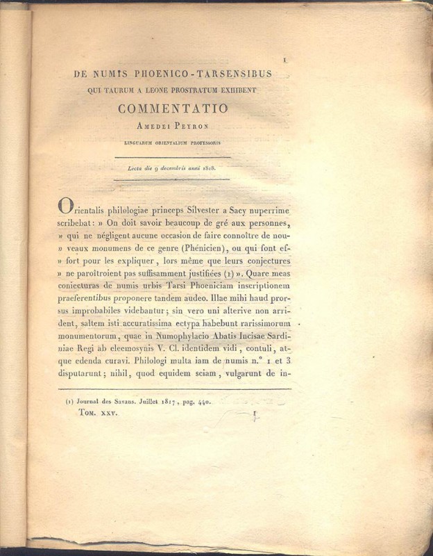 PEYRON A. - De numism phoenico-tarsensibus qui taurum a leone prostratum exhiben...