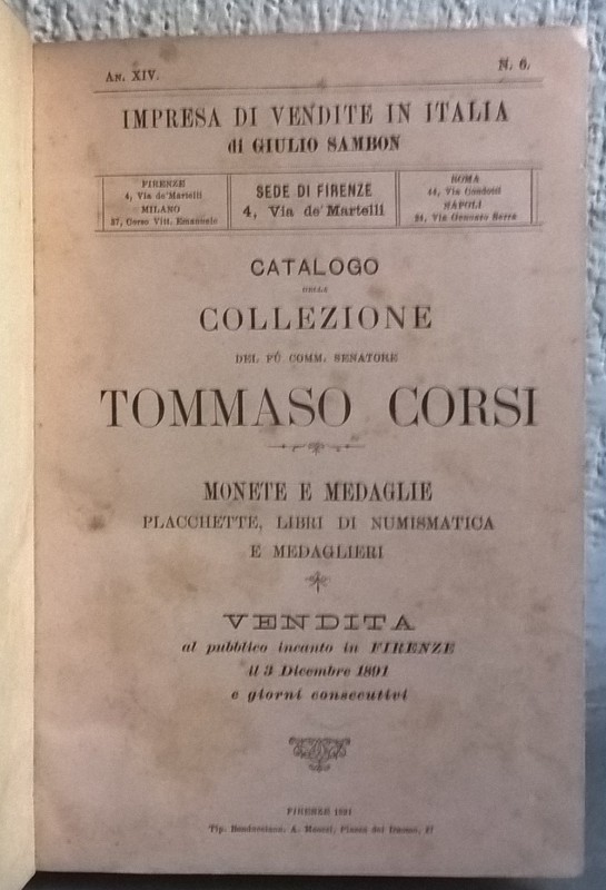 SAMBON G. – Milano, 3 dicembre 1891. Catalogo della collezione del fu Comm. Sena...