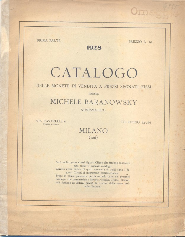 BARANOWSKY M. – Milano, 1928. I parte, catalogo a prezzi fissi di monete antiche...