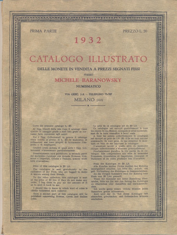 BARANOWSKY M. – Milano, 1932. I parte. catalogo a prezzi fissi monete antiche, m...