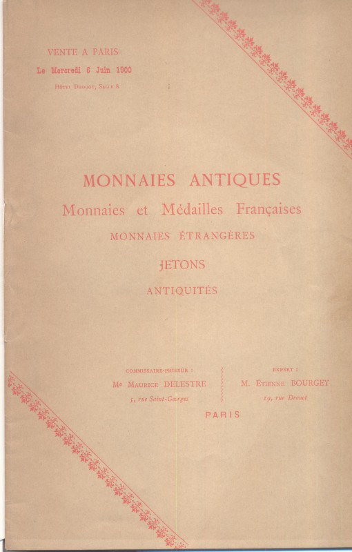 BOURGEY E. – Paris, 6 – Juin, 1900. Monnaies antiques, monnaie et medailles fran...