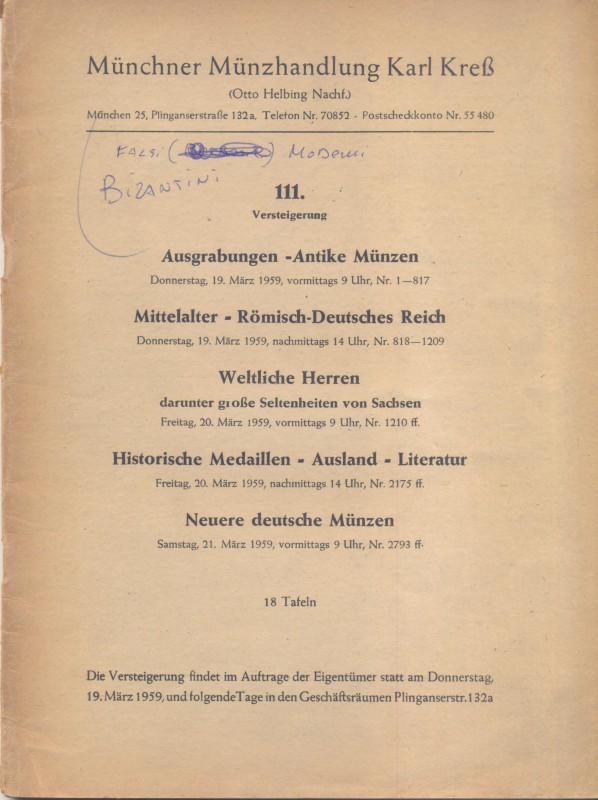 KRESS K. MUNZH. – Auktion 111. Munchen, 19 – Marz, 1959. Ausgrabungen, Antike mu...