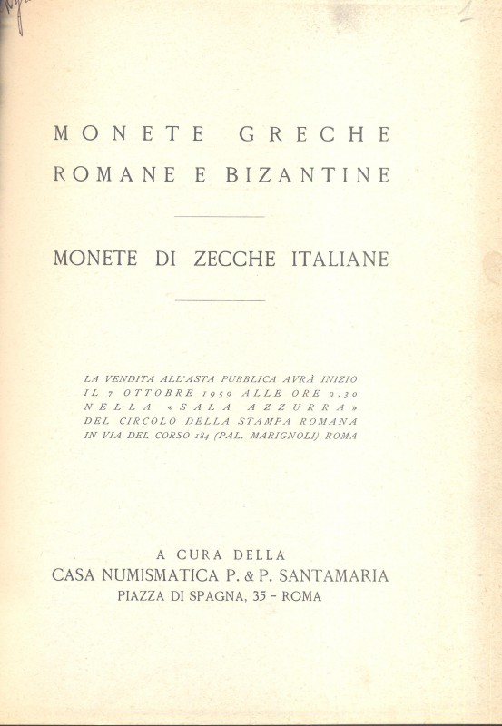 SANTAMARIA P&P. Roma, 7 – Ottobre, 1959. Monete greche romane e bizantine – mone...