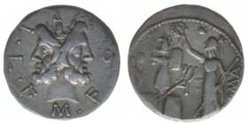 ROM Republik M.Furius L für Philus 119 BC

Denar
Januskopf / Roma mit Zepter ein aus gallischen Waffen bestehendes Tropaeum mit einem Lorbeer bekränze...