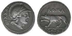 ROM Republik P.Satrieno S. 77 BC

Denar
Romakopf nach rechts / Wölfin
Sear 319, 3,37 Gramm, ss/vz