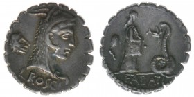 ROM Republik L.Roscius Fabatus 62 BC

Denar 
Kopf der Juno Sospita mit Ziegenfell nach rechts / Mädchen nach rechts stehend, davor aufgerichtete Schla...