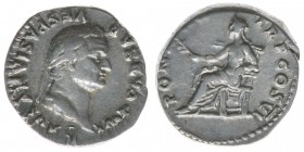 ROM Kaiserzeit Vespasianus 69-79
Denar
IMP CAESAR VESPASIANVS AVG / PONTIF TR P COS VI
3,39 Gramm, ss