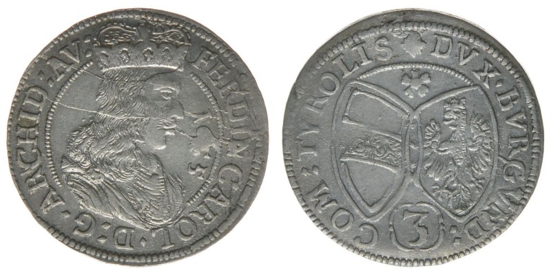RDR Österreich Habsburg
EH Ferdinand Carl

3 Kreuzer 1655 Hall
1,58 Gramm, ss