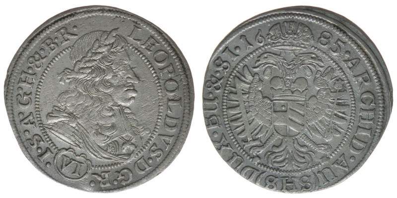 RDR Österreich Habsburg
Kaiser Leopold I.

6 Kreuzer 1685 Breslau
2,91 Gramm, ss...