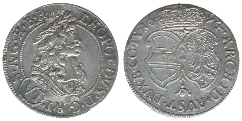 RDR Österreich Habsburg Kaiser Leopold I. 

6 Kreuzer 1694 Hall
2,61 Gramm, -vz ...