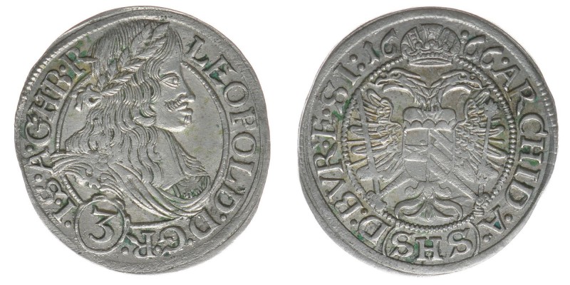 RDR Österreich Habsburg
Kaiser Leopold I.

3 Kreuzer (Groschen) 1666 SHS
1.57 Gr...