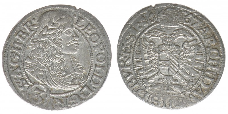 RDR Österreich Habsburg
Kaiser Leopold I.

3 Kreuzer (Groschen) 1667 SHS
1,42 Gr...