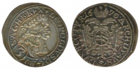 RDR Österreich Habsburg
Kaiser Leopold I.

3 Kreuzer (Groschen) 1670 Wien
Her.1317, 1,86 Gramm, vz/stfr