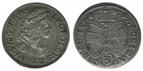 RDR Österreich Habsburg
Kaiser Leopold I.

3 Kreuzer 1678 über 1677 Hall
1,44 Gramm, vz