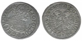 RDR Österreich Habsburg  Kaiser Leopold I. 

3 Kreuzer 1696 GE Prag
1,73 Gramm, ss+