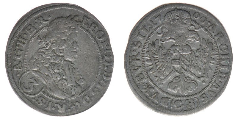 RDR Österreich Habsburg
Kaiser Leopold I.

3 Kreuzer 1700 CB Brieg 
1.65 Gramm, ...