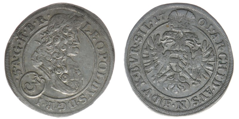 RDR  Österreich Habsburg  Kaiser Leopold I.

3 Kreuzer 1701 FN Oppeln
1,63 Gramm...