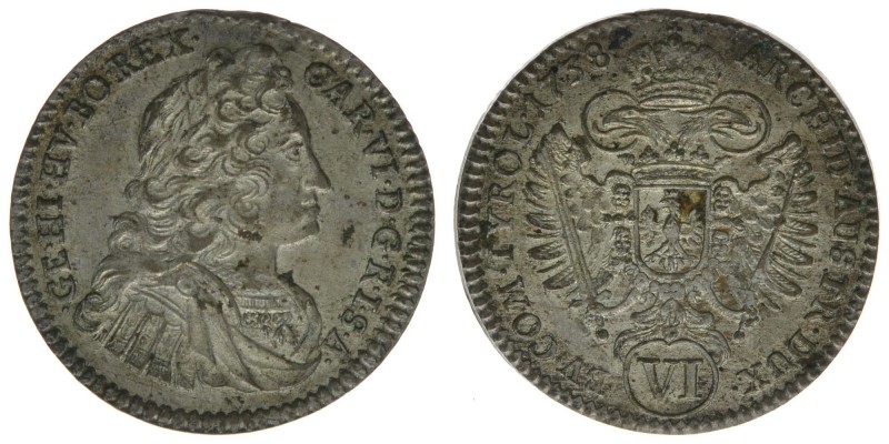 RDR Österreich Habsburg Kaiser Karl VI.

6 Kreuzer 1738
3.28 Gramm, ss/vz