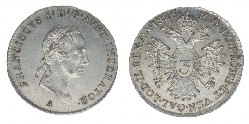 KAISERTUM ÖSTERREICH Kaiser Franz I.
3 Kreuzer 1826 A

stfr
Silber
1.62g