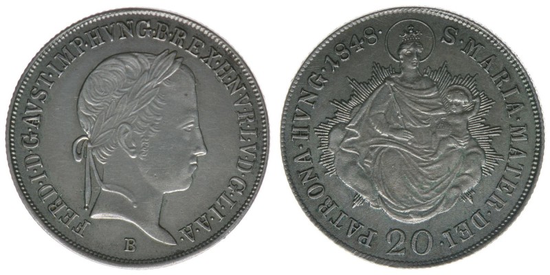 Kaisertum Österreich
Kaiser Ferdinand I.

20 Kreuzer 1848 B
6,65 Gramm, ss/vz