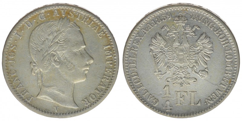 KAISERTUM ÖSTERREICH Kaiser Franz Joseph I.

1/4 Gulden 1859 V
5,32 Gramm, ss