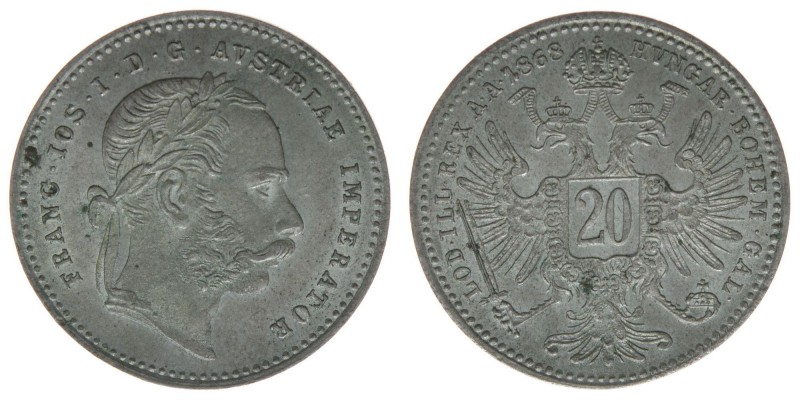 Kaisertum Österreich
Kaiser Franz Joseph I.

20 Kreuzer 1868
2,62 Gramm, vz/stfr...