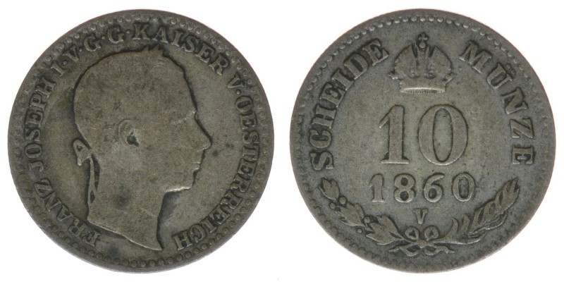 Kaisertum Österreich 
Kaiser Franz Joseph I. 
10 Kreuzer 1860 V Venedig
1,94 Gra...