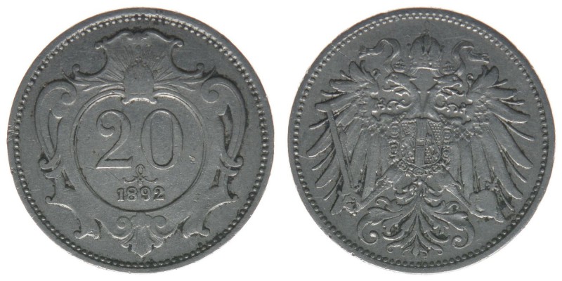 KAISERTUM ÖSTERREICH Kaiser Franz Joseph I. 1875-1916

20 Heller 1892 
KM#2803, ...