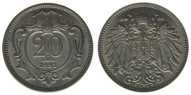 Kaisertum Österreich
Kaiser Franz Joseph I.
20 Heller 1893
4,00 Gramm, vz