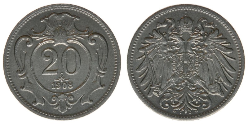 Kaisertum Österreich
Kaiser Franz Joseph I.
20 Heller 1908
4,00 Gramm, -vz