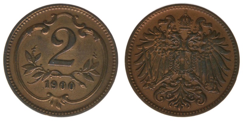 Kaisertum Österreich
Kaiser Franz Joseph I.
2 Heller 1900
3,35 Gramm, ss/vz