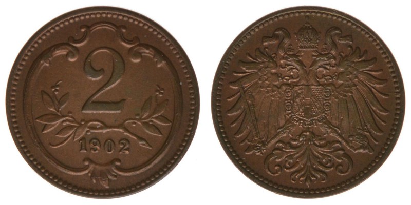 Kaisertum Österreich
Kaiser Franz Joseph I.
2 Heller 1902
3,36 Gramm, ss/vz