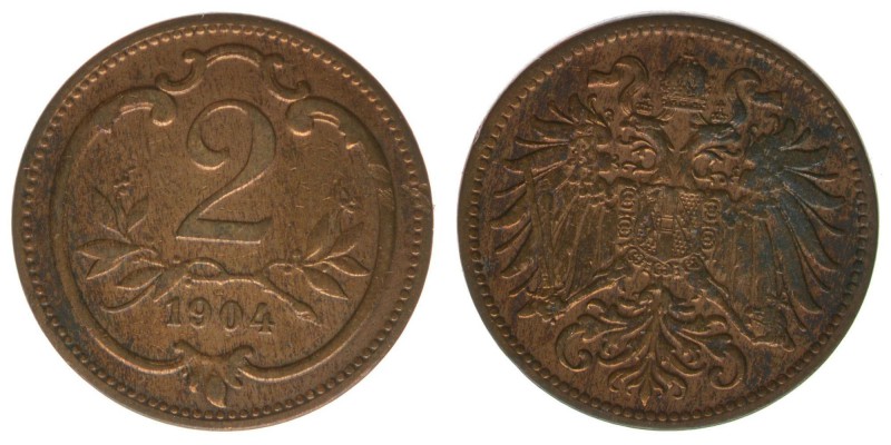 Kaisertum Österreich
Kaiser Franz Joseph I.
2 Heller 1904
3,22 Gramm, ss+