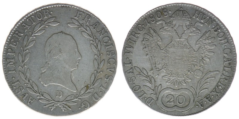 SALZBURG Kaiser Franz I.
20 Kreuzer 1808 D
Zöttl 3442, 6,63 Gramm, ss