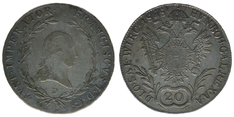 SALZBURG Kaiser Franz I.
20 Kreuzer 1808 D
6.65 Gramm, ss/vz