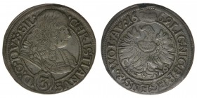 RDR Christian 1664-1672 alleiniger Herzog von Liegnitz-Brieg

3 Kreuzer 1669
1,76 Gramm, ss/vz entfernter Henkelbzw. Feilspur auf 12 Uhr