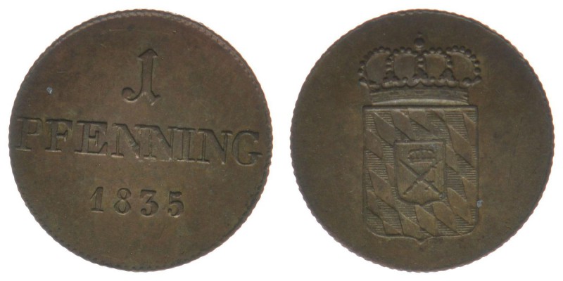 BAYERN 1 Pfennig 1835
AKS 93, 1.31 Gramm, vz+
vgl. Auktion Grün 61,1867 $ 464,00...