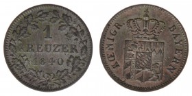 BAYERN
Ludwig I. Karl August 1825-1848
1 Kreuzer 1840
0,80 Gramm, Kahnt-Schön 116, AKS 88, -vz
