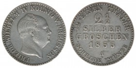 PREUSSEN Friedrich Wilhelm IV. 1840-1861
2 1/2 Silbergroschen 1855 A
AKS 84, 3,20 Gramm ss/vz