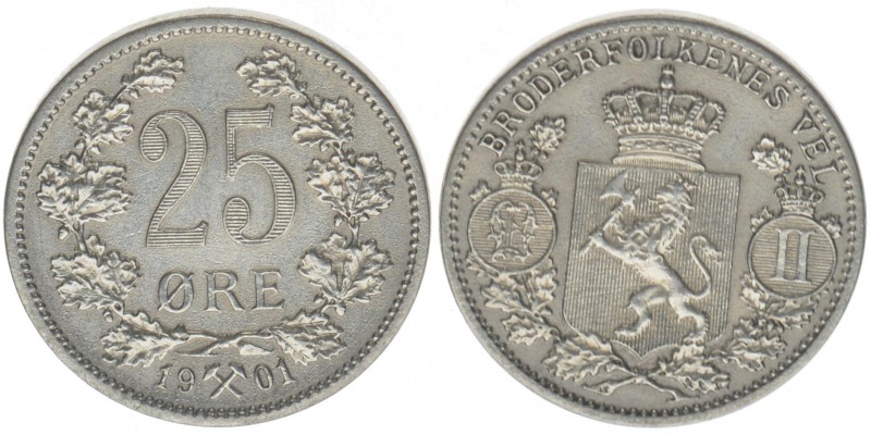 Norwegen Oskar II.

25 Öre 1901
Silber, 2,41 Gramm, -vz