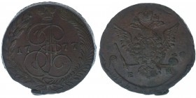 Rußland Katharina II.
5 Kopeken 1777 EM
Kupfer, 47,97 Gramm, ss/vz