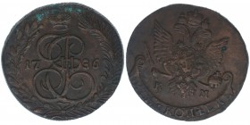 Rußland Katharina II.
5 Kopeken 1786 KM
Suzun Sibirien
Kupfer, 46,24 Gramm, ss/vz